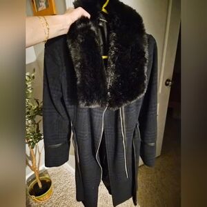 INC International Concepts Black Trench Coat with Faux Fur Trim